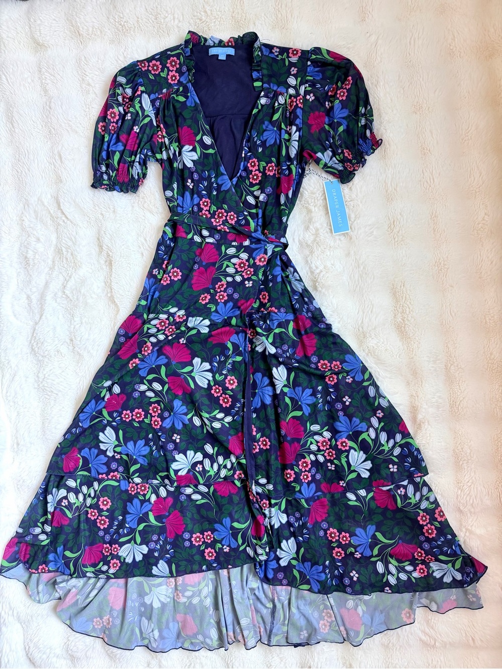 Draper James Navy Floral Wrap Midi Dress with Magenta & Blue Blooms